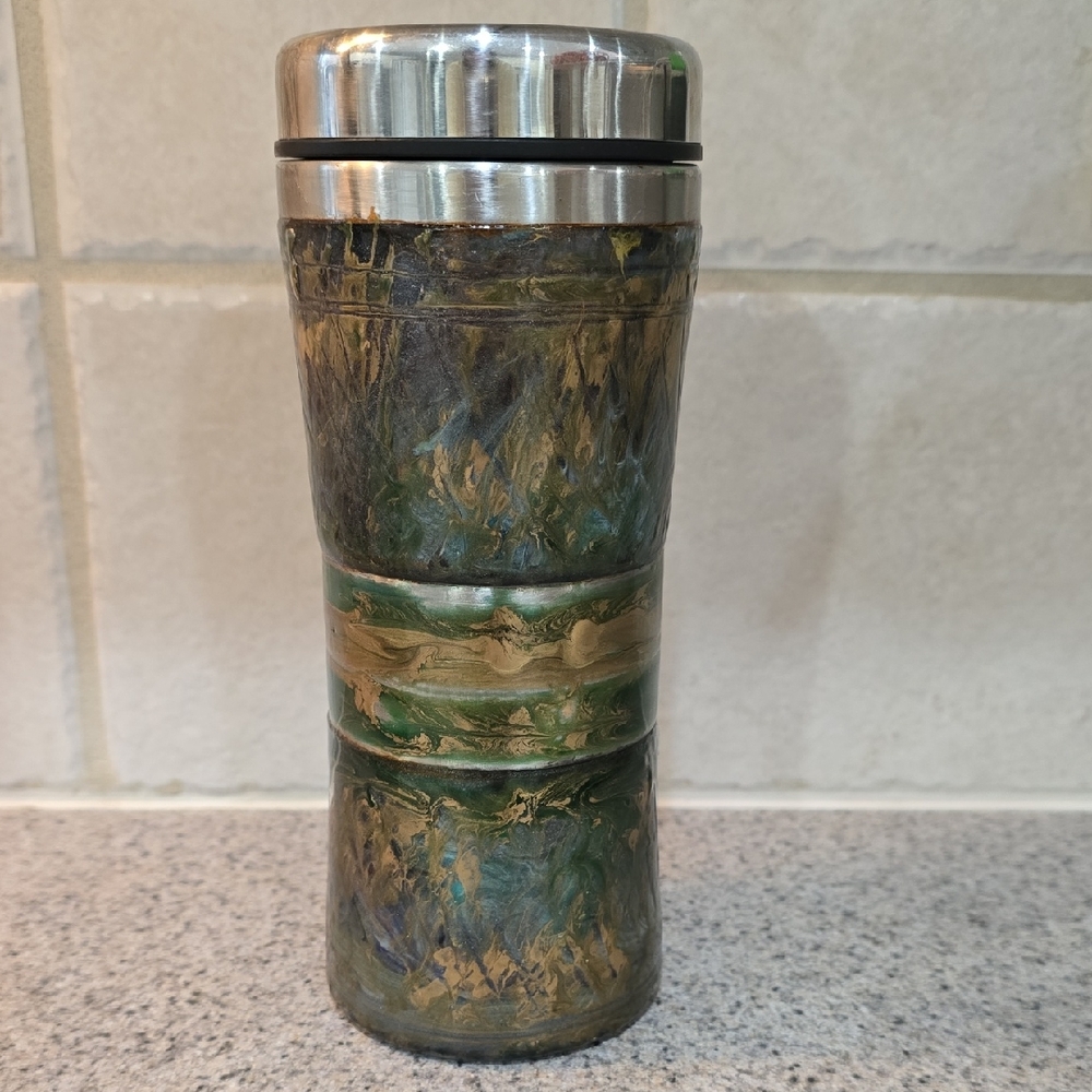 Stainless Steel Travel Mug with Artistic Green and Gold Design
